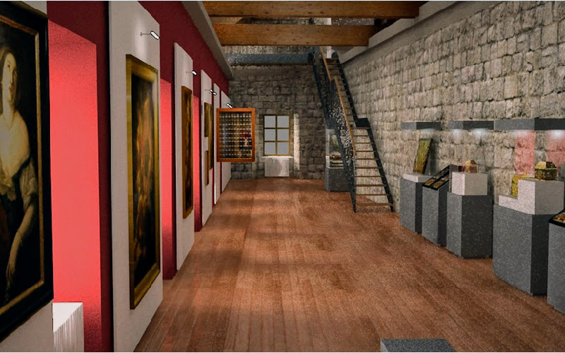 sala de museu com quadros de um lado e relíquias em outro, piso de madeira e paredes em pedra