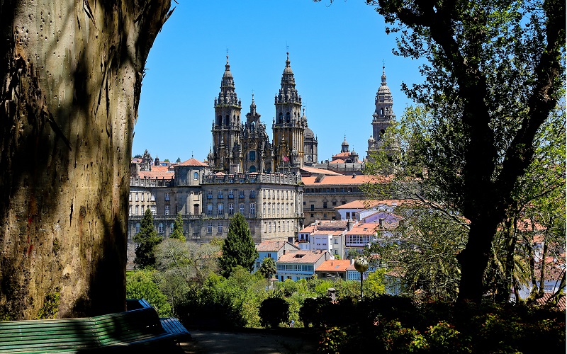 imagem das torres da Catedral de Santiago de Compostela vista de um parque com árvores fazendo sombra sobre um banco verde