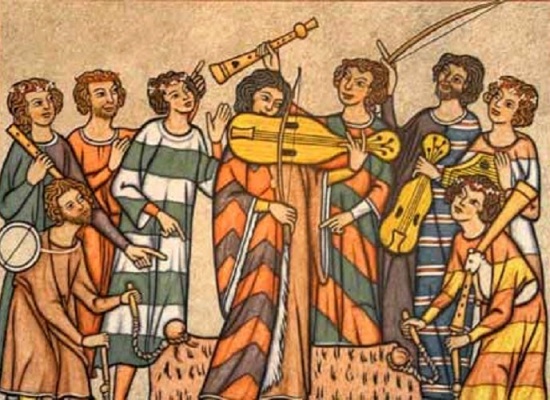 ilustração retratando músicos medievais