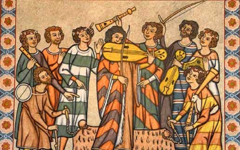 ilustração retratando músicos medievais