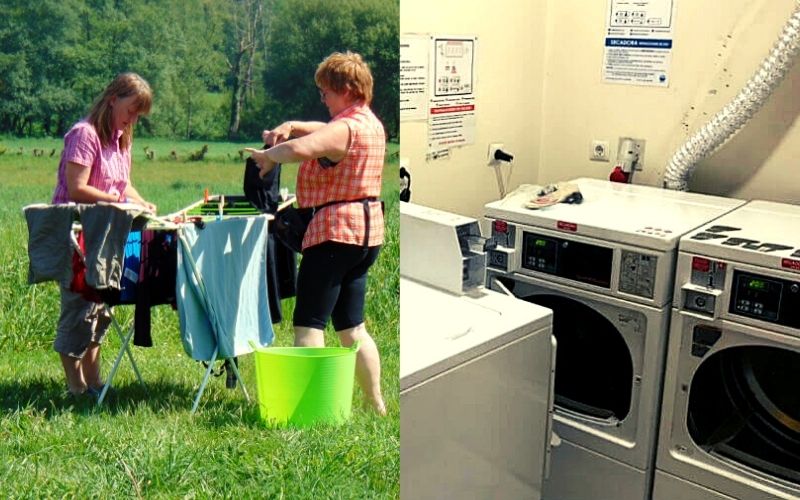 mulheres lavando roupa ao ar livre e à direita,lavanderia com máquinas