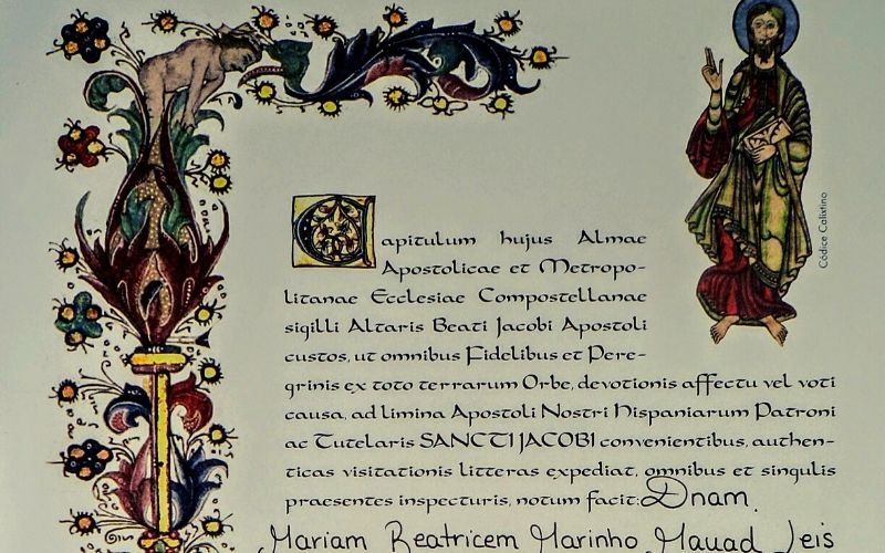 documento decorado e escrito em latim que atesta a peregrinação a Santiago de Compostela