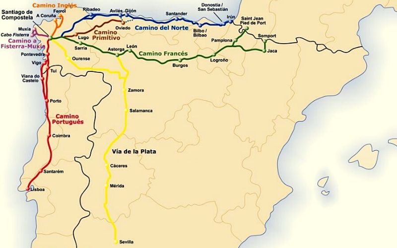 mapa com as principais rotas do Caminho de Santiago