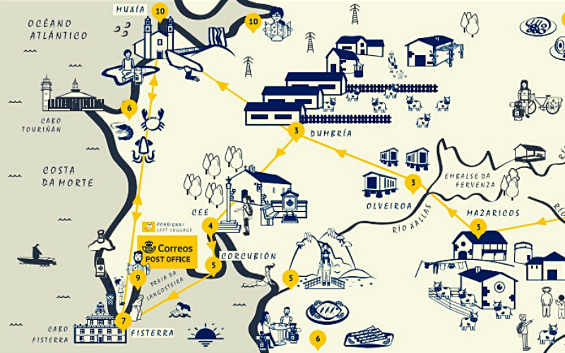mapa do caminho de finisterra e muxía desenhado em azul e sinalizado em amarelo