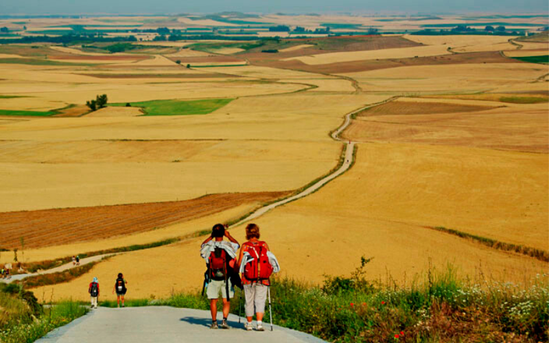 dois peregrinos andando em umlongo caminho sobre um planalto rodeado por vegetação seca