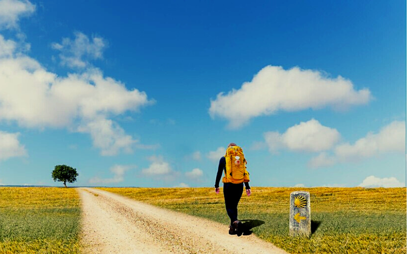 pessoa de costas cominhando em estrada de terra carregando mochila amarela