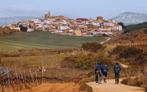 peregrinos andando em um caminho de terra em direção a uma cidade