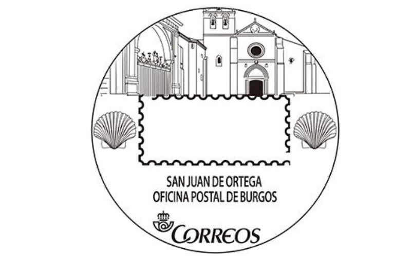 sello com a imagem do templo de san juan de ortega em branco e preto