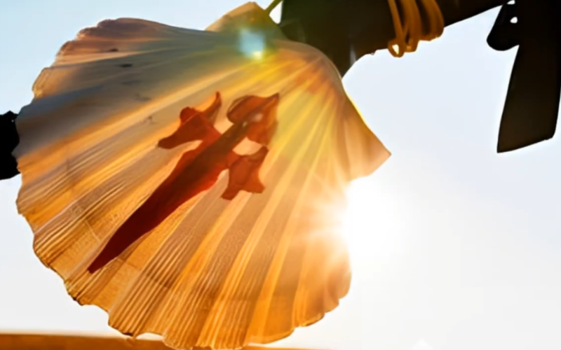 concha de vieira com a cruz de santiago pintada em vermelho fixado em um cajado